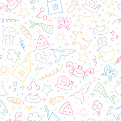 Childish doodle outline elements seamless pattern. Hand drawn animals, food, plants and objects in kids scribble style. Vector illustration