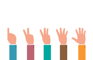 Fototapeta premium Businessman hand making a hand gesture showing one to five fingers isolated on a white background. Various gestures of hands. Rating concept of each businessman. Vector illustration flat design style
