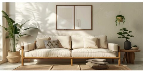 Minimalistic living room interior design with sofa, wooden table, potted plant and poster on wall. Pastel neutral colors. 