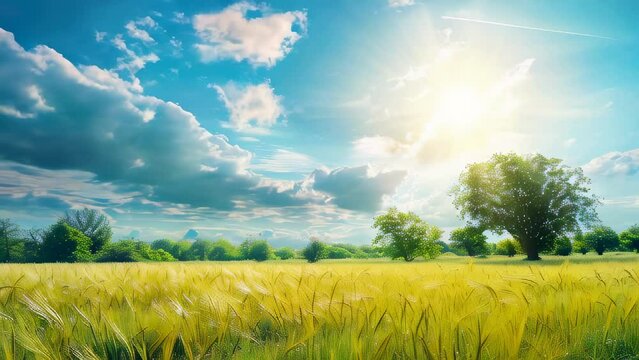 Sun shining over vast wheat field with lone tree, blue sky, and clouds