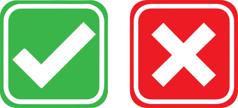 Green checkmark tick and red X icons.	