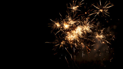 A fireworks display in the night sky. The fireworks are lit up and are in various stages of burning. The sky is dark, and the fireworks are the only source of light. Scene is celebratory and festive