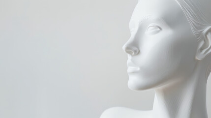 White background, closeup of a white female mannequin head facing right, in a minimalist style copy space for text - Powered by Adobe