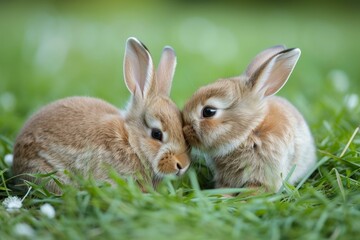 Obraz premium Pair of adorable juvenile rabbits sharing a gentle nuzzle amidst fresh green grass