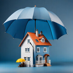 House waterproofing concept yellow and blue  house under an blue umbrella on a minimalist grey blue background
