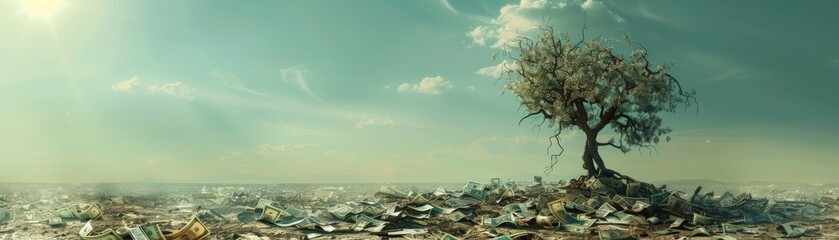A dead tree in a desert wasteland with torn banknotes around, representing financial distress, highresolution, clear and bleak, sharp and professional image.