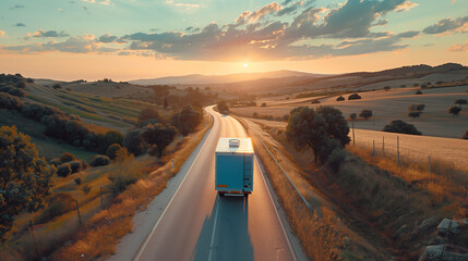 Truck semi-trailer driving highway on sunset Goods delivery Services Transport logistics Lorry concept countryside road truck picturesque sky clouds. cargo transportation services, transport company