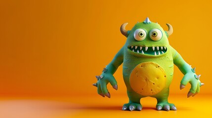 Fototapeta premium A full-body 3D cartoon of a green goofy monster cute for joyful Halloween 