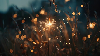 A sparkler is lit in a field of grass. The grass is illuminated by the light of the sparkler, creating a warm and cozy atmosphere