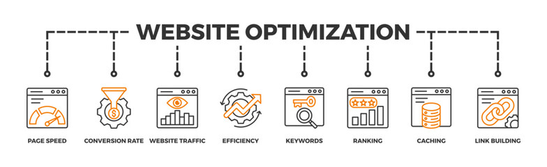Website optimization banner web icon illustration concept with icon of page speed, conversion rate, website traffic, efficiency, keywords, ranking, caching, link building