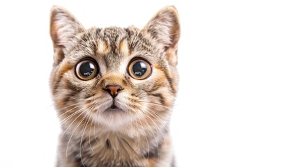 A close up of an adorable kitten with wide, curious eyes and a striped fur pattern, set against a white background.