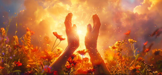 Naklejka premium Hands reaching towards the sky amidst blooming flowers and sparkling light.