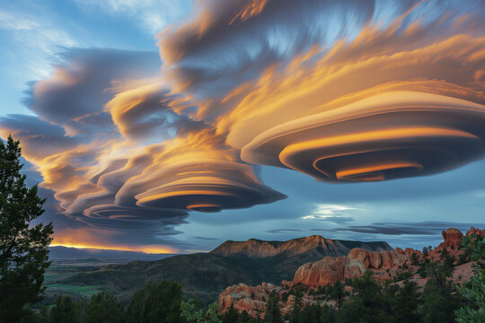 Lenticular Clouds at Sunset Over Mountain Landscape