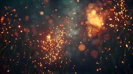 A blurry image of a field of grass with sparks flying from a fire. Scene is chaotic and intense, with the sparks creating a sense of danger and excitement