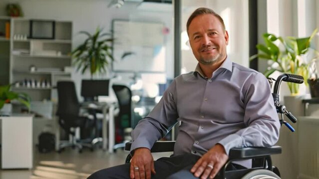 Man in a wheelchair smiling confidently while seated in a bright, modern office with plants and workstations in the background.