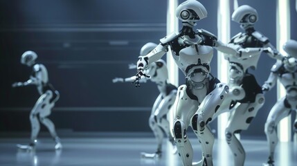Showcase the fluid movement and precise choreography of a troupe of advanced humanoid robots, dancing in unison with grace and agility