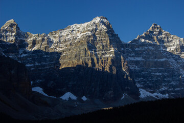 Aerial vieiw of Valley of Ten Peaks near Moraine Lake on a sunny autumn day with snow on the...