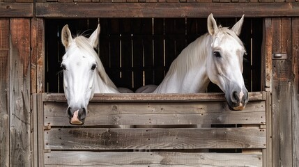 Two white Arabian horses with brown markings peeking out of wooden stable box only their heads showing