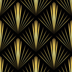 Art Deco Wallpaper. Black and gold seamless pattern in roaring twenties style. Line art deco background for interior design. Elegant art deco type