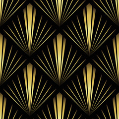 Art Deco Wallpaper. Black and gold seamless pattern in roaring twenties style. Line art deco background for interior design. Elegant art deco type