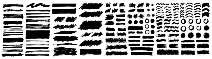 Brush strokes vector. Set of text boxes. Paintbrush collection. Grunge design elements. Dirty texture banners. Painted rectangles, long lines, round frames, diagonal strokes, painted waves and curves