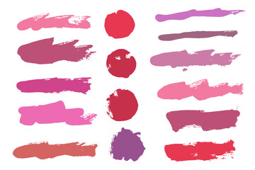 Brush strokes vector. Purple, red and pink backgrounds. Lipstick or nail polish strokes. Grunge design elements. Makeup brush texture banners. Long and round painted objects