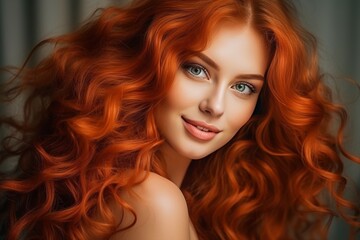 Fototapeta premium Smiling brunette model with long curly red hair in glamorous makeup, close up portrait