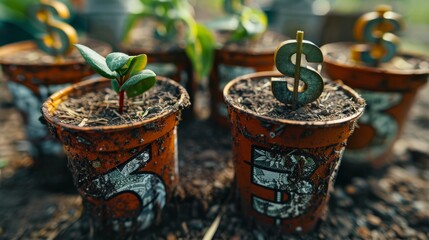 Vibrant seedlings sprouting in a plant nursery with dollar signs around, financial prosperity theme, highresolution, sharp detail, bright and colorful image.