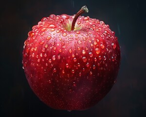 A red apple with water droplets on it. The apple is the main focus of the image