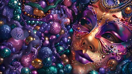Illustrate a virtual tableau of glistening Mardi Gras beads and masks."