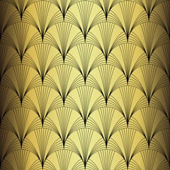 Art Deco Wallpaper. Black and gold seamless pattern in roaring twenties style. Line art deco background for interior design. Elegant art deco type