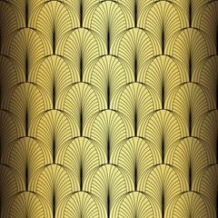 Art Deco Wallpaper. Black and gold seamless pattern in roaring twenties style. Line art deco background for interior design. Elegant art deco type