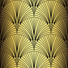 Art Deco Wallpaper. Black and gold seamless pattern in roaring twenties style. Line art deco background for interior design. Elegant art deco type