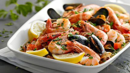 Exquisite Photo realistic Seafood Platter on Glossy White Surface with Shrimp, Clams, Mussels, Lemon Wedges, and Herbs   Elegance Personified in this Delectable Visual Feast for Yo