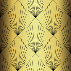 Art Deco Wallpaper. Black and gold seamless pattern in roaring twenties style. Line art deco background for interior design. Elegant art deco type