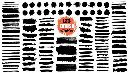 Brush strokes vector bundle. Set of round and rectangle text boxes. Paintbrush collection. Grunge design elements. Dirty texture banners. Painted rounds, thin long and diagonal strokes