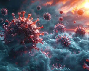 Highly detailed 3D illustration of floating virus particles in a surreal cloudscape with a dramatic, colorful sky at sunset.