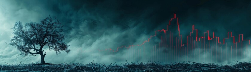 A dead tree under a dark, cloudy sky with a downward financial graph, financial decline theme, highquality, sharp and vivid, detailed and professional image.