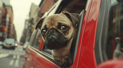 Dog travel by car. Pug dog enjoying road trip