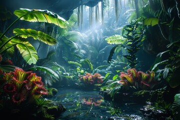 Suspenseful Cinematic Jungle Scene with Carnivorous Plants Lurking in Shadows.