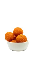 Bundi Ladoo or Motichoor Laddu in a White Bowl Isolate on White Background with Copy Space, Also Known as Motichur Laddoo