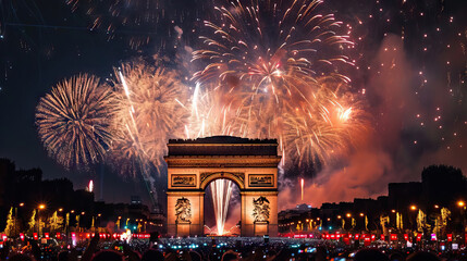 Fête Nationale (National Day) celebrations with fireworks in Arc de Triomphe.