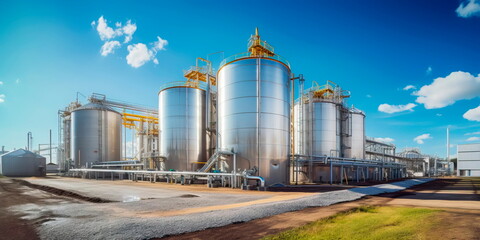 Obraz premium Plant for processing agricultural products and silos for dry cleaning and storage of agricultural products . Generative AI