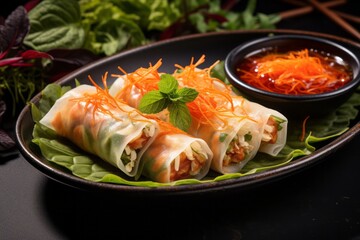 Juicy spring rolls on a slate plate against a denim fabric background