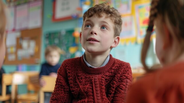 Curious Young Boy with Hearing Impairment Using Sign Language in a Colorful Classroom Setting - Powered by Adobe
