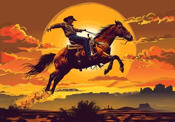A cartoon-like cowboy in detailed western gear rides a dynamic bucking horse with distinct markings against an action-packed sunset backdrop.