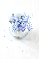 Purple flowers on bright wooden background. Close up. Copy space.
