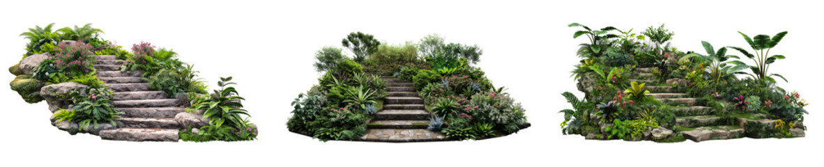 Stone steps leading to an elevated area with covering stones and green leaves collection for garden design  pathways