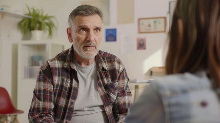 Elderly Man with Speech Disorder in Therapy Session, Practicing Communication in Modern Office Setting