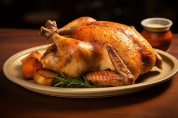Fototapeta premium Exquisite roast chicken on a porcelain platter against a kraft paper background